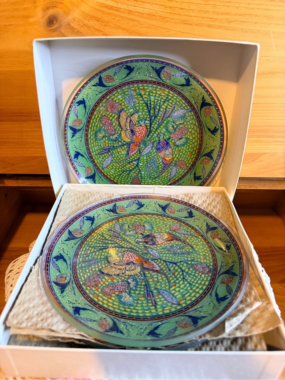 Handpainted Floral Bird Decorative Plate Set in Green and Blue